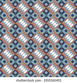 Modern vector linear ornament. Regularly repeating tiles grids with blue, orange and green dots, polygons, hexagons, rhombuses, difficult polygonal outline shapes. Stylish geometric seamless pattern.