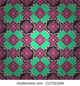 Modern vector linear ornament. Regularly repeating tiles grids with magenta, green and gray dots, polygons, hexagons, rhombuses, difficult polygonal outline shapes. Stylish geometric seamless pattern.