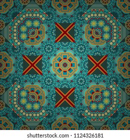 Modern vector linear ornament. Regularly repeating tiles grids with red, blue and green dots, polygons, hexagons, rhombuses, difficult polygonal outline shapes. Stylish geometric seamless pattern.