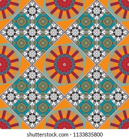 Modern vector linear ornament. Regularly repeating tiles grids with blue, orange and gray dots, polygons, hexagons, rhombuses, difficult polygonal outline shapes. Stylish geometric seamless pattern.