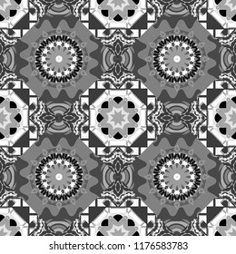 Modern vector linear ornament. Regularly repeating tiles grids with gray, black and white dots, polygons, hexagons, rhombuses, difficult polygonal outline shapes. Stylish geometric seamless pattern.