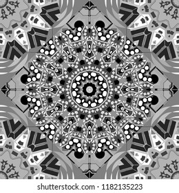 Modern vector linear ornament. Regularly repeating tiles grids with white, gray and black dots, polygons, hexagons, rhombuses, difficult polygonal outline shapes. Stylish geometric seamless pattern.