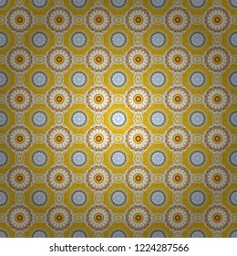 Modern vector linear ornament. Regularly repeating tiles grids with yellow, white and blue dots, polygons, hexagons, rhombuses, difficult polygonal outline shapes. Stylish geometric seamless pattern.