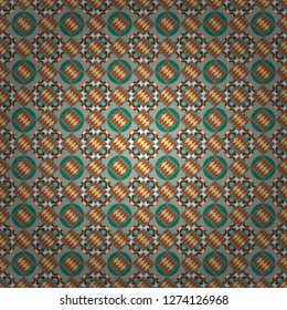 Modern vector linear ornament. Regularly repeating tiles grids with gray, orange and blue dots, polygons, hexagons, rhombuses, difficult polygonal outline shapes. Stylish geometric seamless pattern.