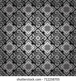 Modern vector linear ornament. Regularly repeating tiles grids with gray, white and black dots, polygons, hexagons, rhombuses, difficult polygonal outline shapes. Stylish geometric seamless pattern.