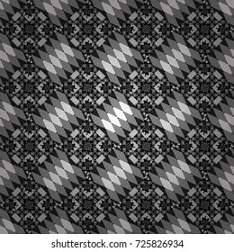 Modern vector linear ornament. Regularly repeating tiles grids with gray, black and white dots, polygons, hexagons, rhombuses, difficult polygonal outline shapes. Stylish geometric seamless pattern.