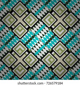 Modern vector linear ornament. Regularly repeating tiles grids with white, green and blue dots, polygons, hexagons, rhombuses, difficult polygonal outline shapes. Stylish geometric seamless pattern.