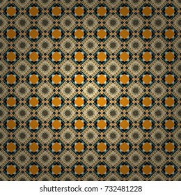 Modern vector linear ornament. Regularly repeating tiles grids with yellow, beige and brown dots, polygons, hexagons, rhombuses, difficult polygonal outline shapes. Stylish geometric seamless pattern.