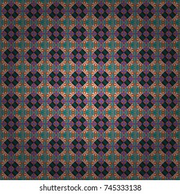 Modern vector linear ornament. Regularly repeating tiles grids with brown, blue and gray dots, polygons, hexagons, rhombuses, difficult polygonal outline shapes. Stylish geometric seamless pattern.