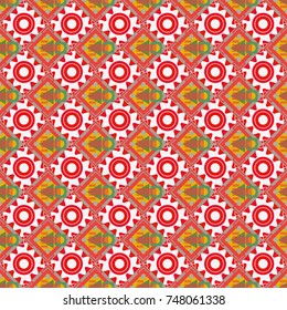 Modern vector linear ornament. Regularly repeating tiles grids with red, neutral and pink dots, polygons, hexagons, rhombuses, difficult polygonal outline shapes. Stylish geometric seamless pattern.