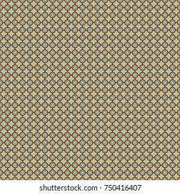 Modern vector linear ornament. Regularly repeating tiles grids with orange, magenta and blue dots, polygons, hexagons, rhombuses, difficult polygonal outline shapes. Stylish geometric seamless pattern