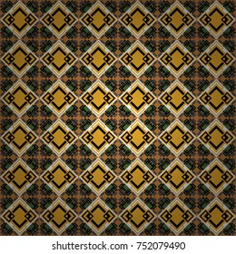 Modern vector linear ornament. Regularly repeating tiles grids with black, gray and orange dots, polygons, hexagons, rhombuses, difficult polygonal outline shapes. Stylish geometric seamless pattern.