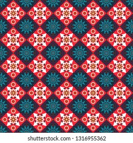 Modern vector linear ornament. Stylish geometric seamless pattern. Regularly repeating tiles grids with red, blue and gray dots, polygons, hexagons, rhombuses, difficult polygonal outline shapes.