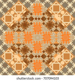Modern vector linear ornament. Stylish geometric seamless pattern. Regularly repeating tiles grids with beige, orange and brown dots, polygons, hexagons, rhombuses, difficult polygonal outline shapes.