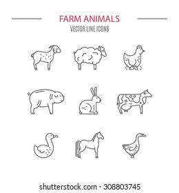 Modern vector linear set of farm animals drawn in modern linear style. Farming icons. Animal symbols. Line series.
