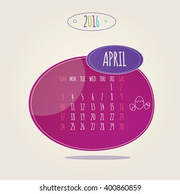 Modern vector lllustration of brightness colorful calendar April 2016