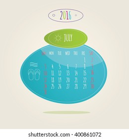 Modern vector lllustration of brightness colorful calendar July 2016
