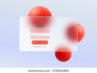 Moderna Página de inicio de sesión de Vector con panel de morfismo de vidrio rojo y suaves esferas 3D sobre fondo claro. Interfaz de usuario limpia para Sitios web y App
