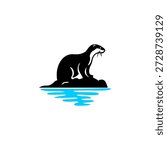 Modern vector logo of an active otter sitting confidently on a rock in the water. Strong and dynamic animal branding for adventure or outdoor companies.