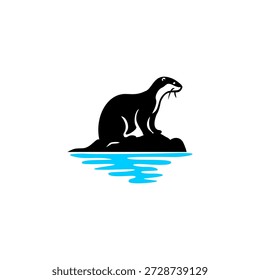 Logotipo moderno del Vector de una nutria activa que se sienta confiadamente en una roca en el agua. Marca de animales fuerte y dinámica para empresas de aventura o al aire libre.