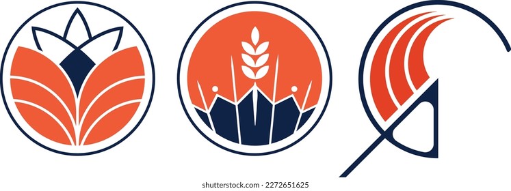 Modern vector logo with agricultural symbols. Sun, spike and lotus icon. Orange and navy color.