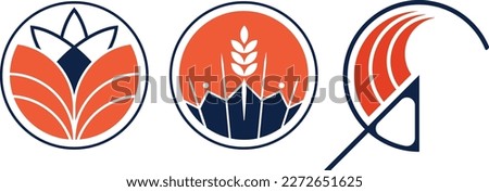 Modern vector logo with agricultural symbols. Sun, spike and lotus icon. Orange and navy color.