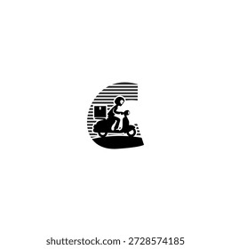 Logotipo de Vector moderno Alfabeto C Carta Express Courier entregando paquetes en una motocicleta. Ideal para App de entrega, startups de envío, marcas de logística, iconos de servicio rápido y logotipos de transporte.