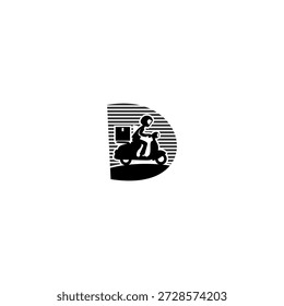 Logotipo de Vector moderno Alfabeto D Carta Express Courier entregando paquetes en una motocicleta. Ideal para App de entrega, startups de envío, marcas de logística, iconos de servicio rápido y logotipos de transporte.