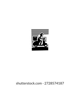 Logotipo de Vector moderno alfabeto E letra express courier entrega paquetes en una motocicleta. Ideal para App de entrega, startups de envío, marcas de logística, iconos de servicio rápido y logotipos de transporte.