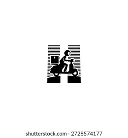 Logotipo de Vector moderno alfabeto H letra express courier entrega paquetes en una motocicleta. Ideal para App de entrega, startups de envío, marcas de logística, iconos de servicio rápido y logotipos de transporte.