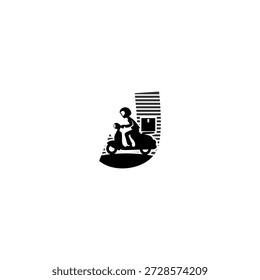 Logotipo de Vector moderno alfabeto J letra express mensajero que entrega paquetes en una motocicleta. Ideal para App de entrega, startups de envío, marcas de logística, iconos de servicio rápido y logotipos de transporte.