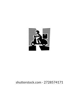 Logotipo de Vector moderno alfabeto N letra express mensajero que entrega paquetes en una motocicleta. Ideal para App de entrega, startups de envío, marcas de logística, iconos de servicio rápido y logotipos de transporte.