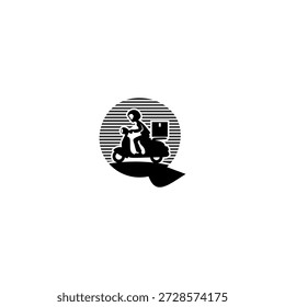 Logotipo de Vector moderno alfabeto Q carta express courier entrega paquetes en una motocicleta. Ideal para App de entrega, startups de envío, marcas de logística, iconos de servicio rápido y logotipos de transporte.