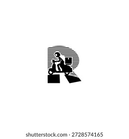 Modernes Vektorlogo Alphabet R Brief Express Kurier, der Pakete auf einem Motorrad liefert. Ideal für Liefer-Apps, Start-ups im Versandbereich, Logistik-Branding, schnelle Service-Symbole und Transport-Logos.