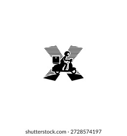 Logotipo de Vector moderno alfabeto X carta express courier entregando paquetes en una motocicleta. Ideal para App de entrega, startups de envío, marcas de logística, iconos de servicio rápido y logotipos de transporte.