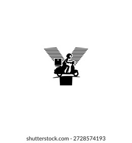 Logotipo de Vector moderno alfabeto Y letra express mensajería que entrega paquetes en una motocicleta. Ideal para App de entrega, startups de envío, marcas de logística, iconos de servicio rápido y logotipos de transporte.