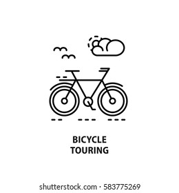 Modern vector logo for bicycle touring isolated on white. Design concept for eco tourism and bicycle shop in line style