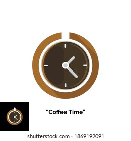 modern vector logo for coffee time. flat design logotype with coffee cup in top view and clock or clockwise mark. vector eps10