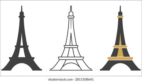 Modern vector logo collection featuring the Eiffel Tower in solid, outline, and premium accent styles. Perfect for travel agencies, hospitality brands, tourism campaigns, editorial graphics, destination marketing, and merchandise design.