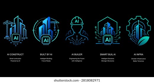 Modern vector logo collection featuring artificial intelligence integrated with construction, engineering, architecture, smart buildings, infrastructure, and sustainable development. Premium gradient line icons suitable for technology companies, AI startups, engineering firms, branding, mobile apps, websites, and digital products.