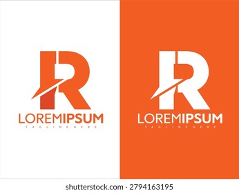Modern vector logo design featuring a stylized letter R with a lightning bolt element and Loremipsum text on a contrasting white and orange background for branding and advertising purposes.