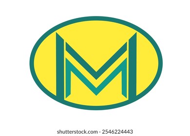 Modern vector logo design of stylish letter M in green and yellow color in oval circle shape. Ideal for branding, design projects and corporate identity.
