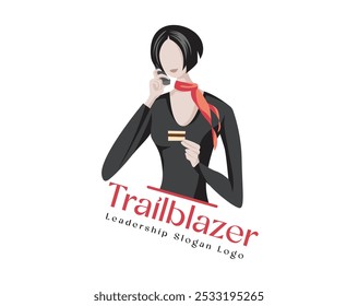 "Modern vector logo featuring a confident businesswoman in a sleek black outfit, holding a card and phone. Perfect for leadership, corporate branding, and business innovation themes."