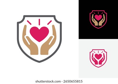 Modern vector logo featuring two protective hands gently holding a heart within a shield outline. Symbolizing safety, care, love, charity, insurance, or health protection design concept