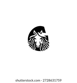 Modernes Vektorlogo eines Pferdekopfes mit dynamischer Mähne, die den Buchstaben G bildet. Geeignet für Sport-Branding, Ranch-Identität, Rennlogos, Bekleidungsmarken und zeitgenössisches Typografie-Design.