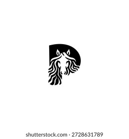 Modernes Vektorlogo eines Pferdekopfes mit dynamischer Mähne, die das Alphabet P Buchstabe bildet. Geeignet für Sport-Branding, Ranch-Identität, Rennlogos, Bekleidungsmarken und zeitgenössisches Typografie-Design.