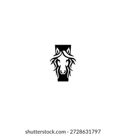 Logotipo vetorial moderno de uma cabeça de cavalo com juba dinâmica formando alfabeto em letra. Adequado para marcas esportivas, identidade de rancho, logotipos de corridas, marcas de vestuário e design de tipografia contemporânea.
