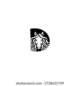 Logotipo vetorial moderno de uma cabeça de cavalo com juba dinâmica formando alfabeto D letra. Adequado para marcas esportivas, identidade de rancho, logotipos de corridas, marcas de vestuário e design de tipografia contemporânea.