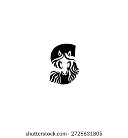 Modern vector logo of a horse head with dynamic mane forming alphabet S letter. Suitable for sports branding, ranch identity, racing logos, apparel brands, and contemporary typography design.