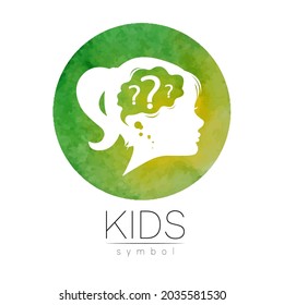 Modern Vector logo Kid Girl head and Question inside brain . Logotype sign of Psychology. Profile Human. Green Watercolor color isolated on white. Creative style.